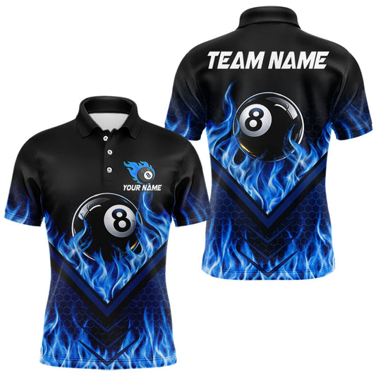 Maxcorners Blue Flaming Hexagon 8 Ball Billiard Pool Shirt For Men