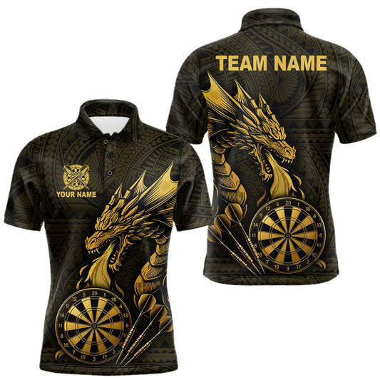 Maxcorners Custom Gold Tribal Pattern Dragon Darts Polo & 1/4 Zip Shirt For Men Darts Team League Jersey