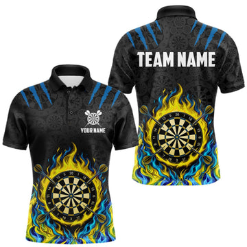 Maxcorners Custom Fire Flame Dartboard Darts Polo 1/4-Zip Shirt For Men Blue & Yellow Flames Darts Team Jersey LM0409