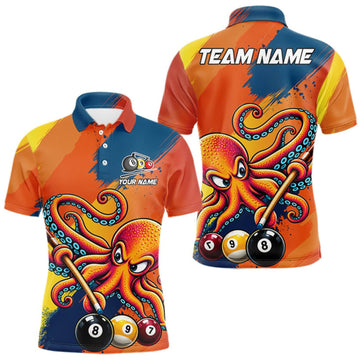 Maxcorners Funny Men Billiards Polo 1/4-Zip Shirt Custom 8-Ball Octopus & Pool Cue Shirt, Billiard Team Uniform LM0410