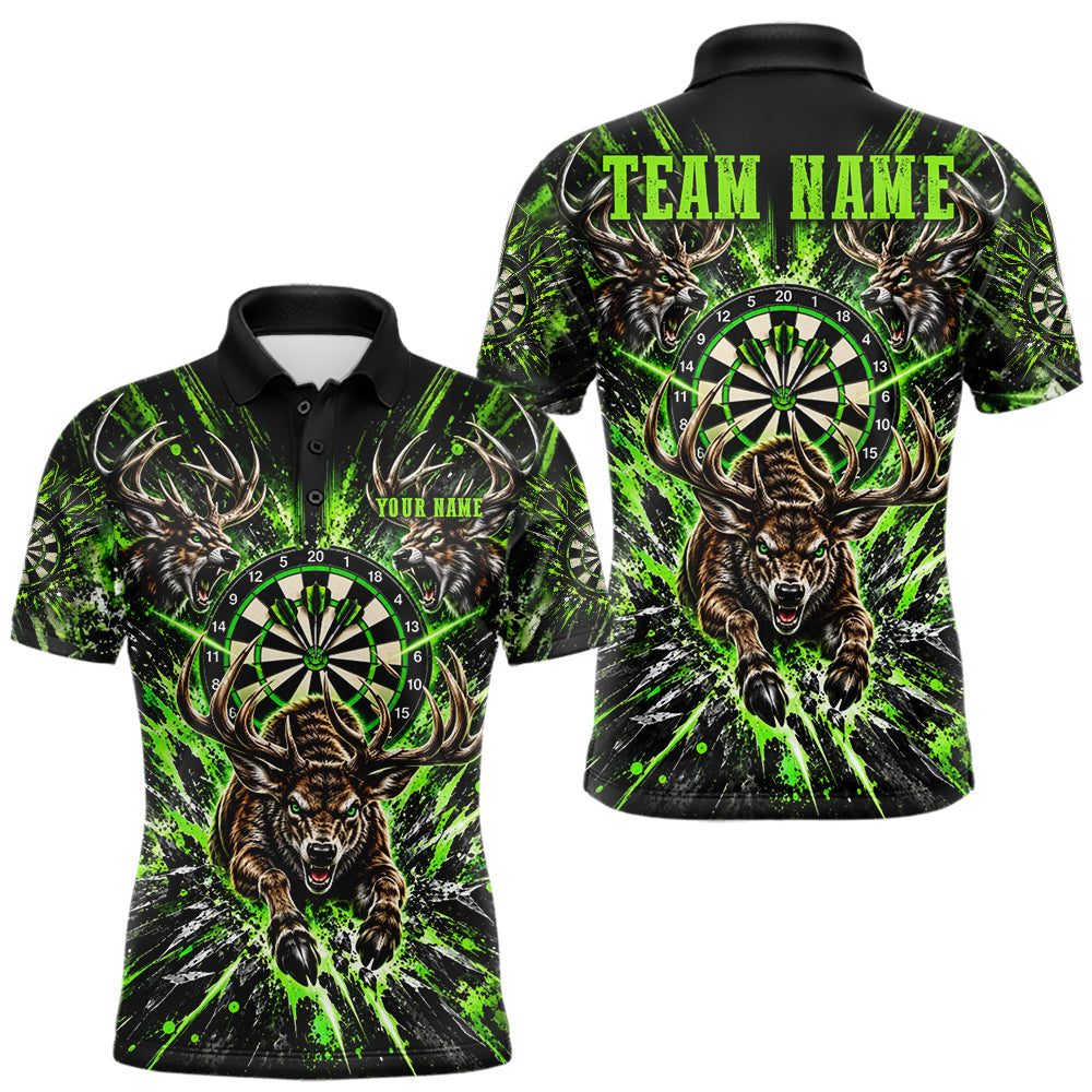 Maxcorners Personalized Horror Deer Darts Polo 1/4-Zip Shirt For Men Custom Green Splatter Darts Team Jersey
