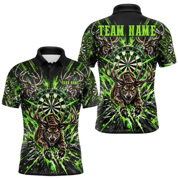 Maxcorners Personalized Horror Deer Darts Polo 1/4-Zip Shirt For Men Custom Green Splatter Darts Team Jersey