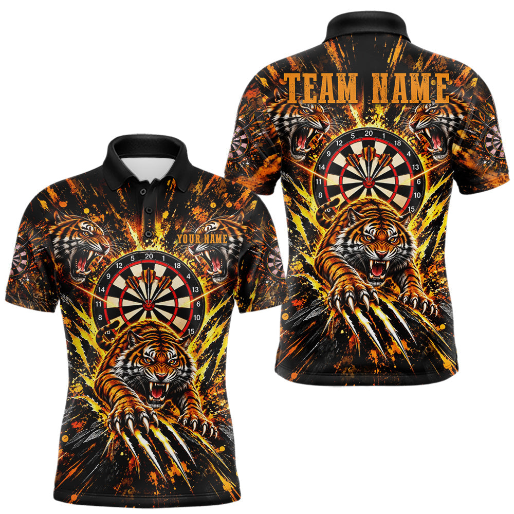 Maxcorners Personalized Horror Tiger Darts Polo 1/4-Zip Shirt For Men Custom Orange Splatter Darts Team Jersey