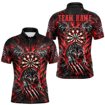 Maxcorners Personalized Horror Wolf Darts Polo 1/4-Zip Shirt For Men Custom Red Splatter Darts Team Jersey