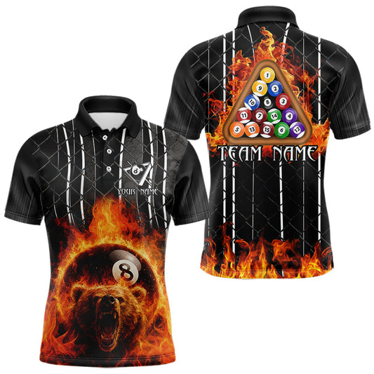 Maxcorners Red Flaming 8 Ball Billiard League Shirts For Men Custom Funny Bear Billiard Team Jerseys LM0101