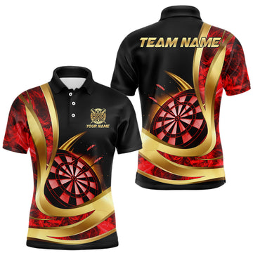 Maxcorners Personalized Red Flaming Thunder Darts Polo & 1/4-Zip Shirt For Men Gold Dart Team Dart Jerseys LM2603