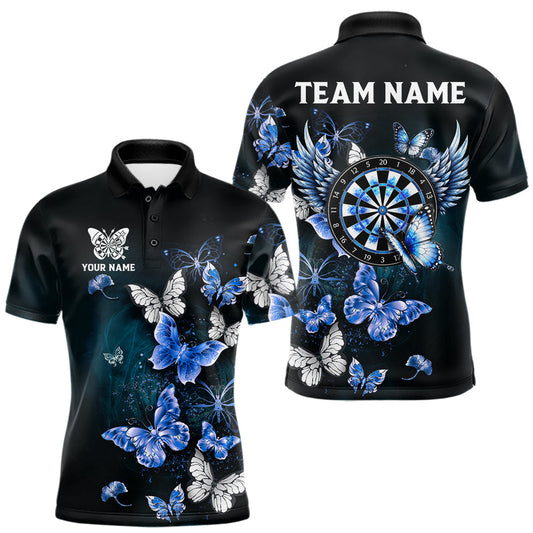 Maxcorners Custom Blue Butterfly Dart Polo & 1/4-Zip Shirt For Men Darts Team Shirt With Butterflies