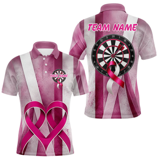 Maxcorners White & Pink Grunge Ribbon Dartboard Dart Shirt For Men Custom Breast Cancer Dart Team Jerseys