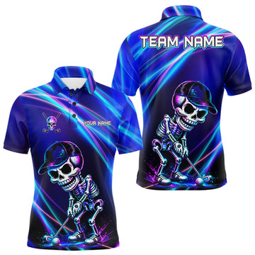 Maxcorners Mens Funny Skeleton Golf Polo Shirts Custom Skull Neon Purple And Blue Golf Team Apparel