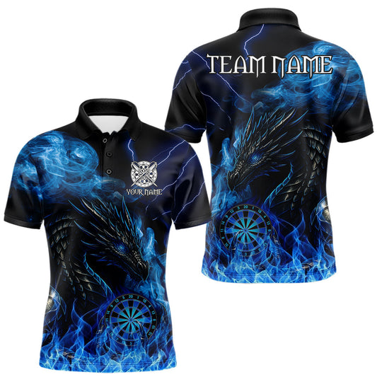 Maxcorners Personalized Men Dart Polo & Quarter-Zip Shirt Custom Name Team Blue Flaming Dragon Dart Jersey