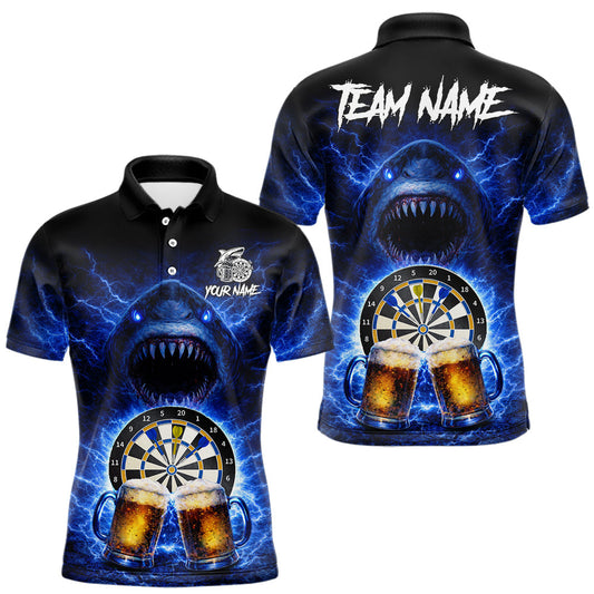 Maxcorners Blue Horror Shark Cheer Beer & Dartboard Men Darts Polo Shirt Custom Funny Dart Team Jersey