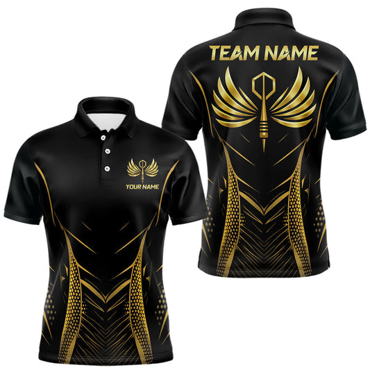 Maxcorners Personalized Black And Gold Wings Dart Arrow Men Darts Polo Shirt Custom Dart Team Jersey