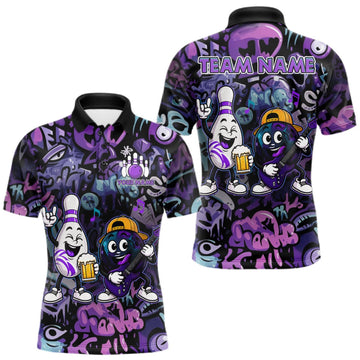 Maxcorners Custom Purple Graffiti Funny Bowling Polo Quarter Zip Shirts For Men Team Drunk Beer Bowling Jersey LM0609