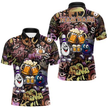 Maxcorners Yellow & Purple Graffiti Custom Funny Bowling Polo 1/4-Zip Shirts For Men Cheer Beer Bowling Team Jersey LM0609