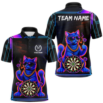 Maxcorners Neon Purple Blue Cat Dart Polo 1/4-Zip Shirt For Men Custom Cool Cat Funny Dart Tournament Team Jersey LM0410