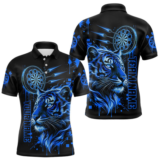 Maxcorners Blue Neon Tiger Lightning Dartboard Men Dart Polo Shirts Custom Name & Team Dart Jerseys
