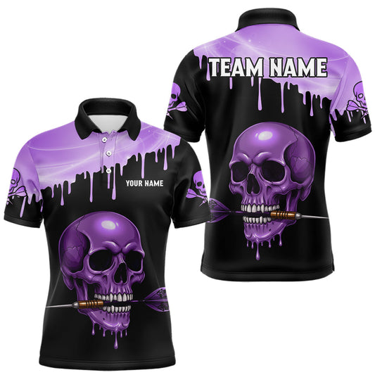 Maxcorners Custom Holographic Purple Skull Darts Shirt Polo For Men Light Skull Dart League Jerseys