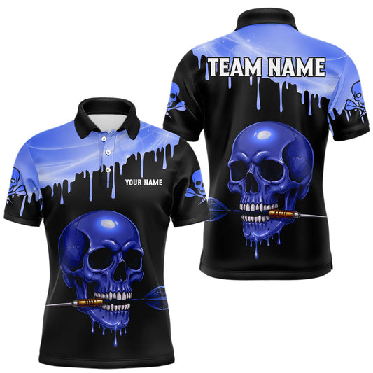 Maxcorners Custom Holographic Blue Skull Darts Shirt Polo For Men Light Skull Dart League Jerseys
