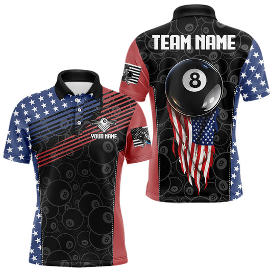 Maxcorners US Flag Pool 8 Ball Men's Billiard Polo & 1/4 Zip Shirt Custom Patriotic Billiard Attire LM0101