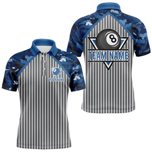 Maxcorners Blue Camouflage 8 Ball Pool Polo & 1/4-Zip Shirt Custom Billiard Shirts For Men Billiard Team Attire LM0404