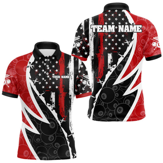 Maxcorners Black & Red US Flag 8 Ball Men Billiard Team Shirt Custom Polo & 1/4-Zip Pool Billiard Attire