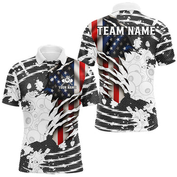 Maxcorners US Flag 8 Ball Men Billiard Team Shirt Custom Patriotic Pool Polo & 1/4-Zip Billiard Attire