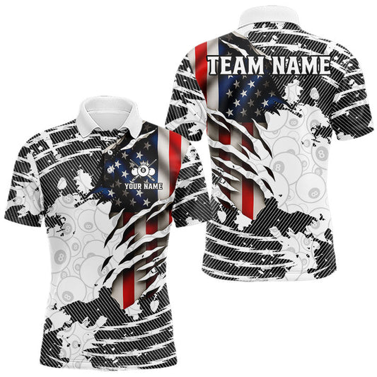 Maxcorners US Flag 8 Ball Men Billiard Team Shirt Custom Patriotic Pool Polo & 1/4-Zip Billiard Attire