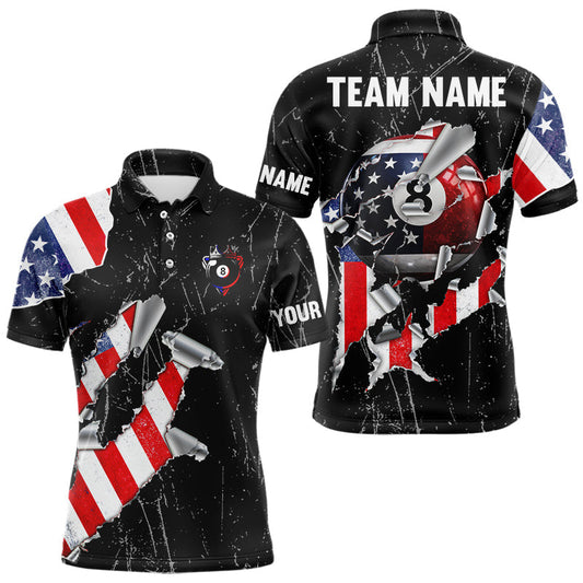 Maxcorners Patriotic 8 Ball Grunge American Flag Billiard Polo Shirt Personalized Name, Team Name Pool Jersey