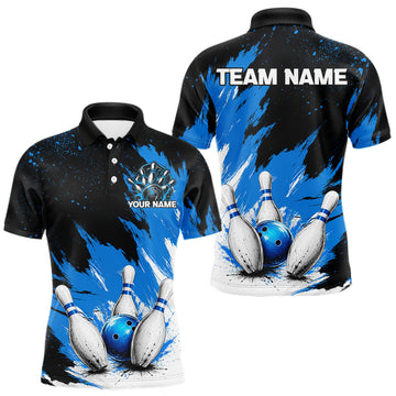 Maxcorners Black, White & Blue Splatter Mens Bowling Shirt Custom Grunge Polo Quarter-Zip Bowling Team Jersey LM0607
