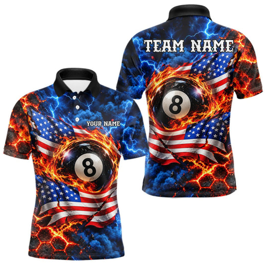 Maxcorners Flaming 8 Ball US Flag Billiard Shirt For Men Custom Lightning Billiard Pool Shirt For Pool Lovers LM0510