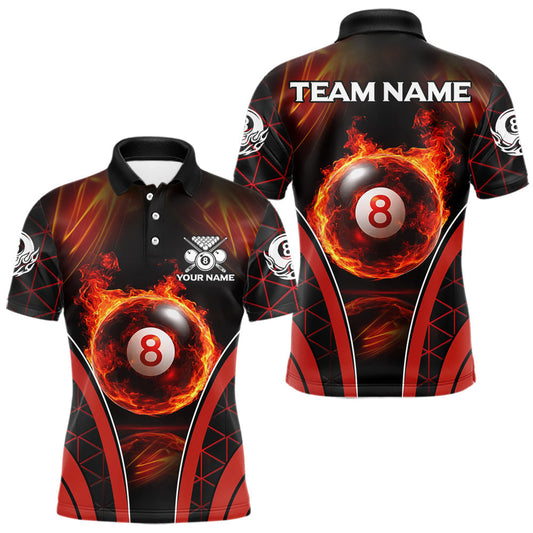 Maxcorners Red Flames Pool 8 Ball Men Billiard Polo & 1/4-Zip Shirts Custom Billiard Team Shirt Designs LM0901