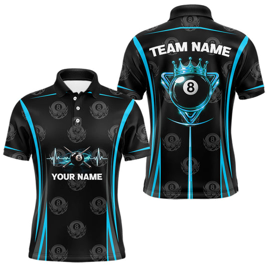 Maxcorners Black & Blue Crown 8 Ball Pool Billiard Apparel For Men Custom Billiard Team Shirt Designs LM0901