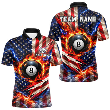 Maxcorners Torn American Flag Mens Billiard Polo 1/4-Zip Shirt Personalized 8 Ball Fire Billiard Team Apparel