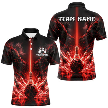 Maxcorners Custom Red Fire Wings Bowling Polo 1/4-Zip Shirt Personalized Flaming Strike Bowling Jersey For Men LM0510