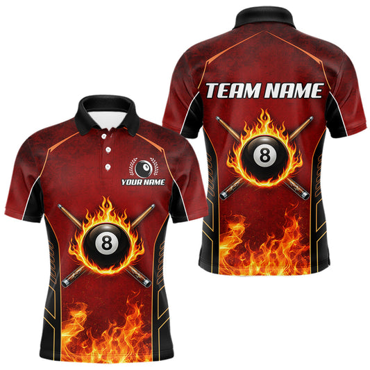 Maxcorners Red Billiard 8 Ball Cue Shirts For Men Custom Fire Flame Pool Team Billiard Polo & 1/4 Zip Jerseys LM0404