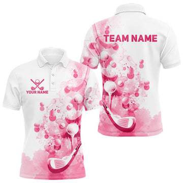 Maxcorners Pink Splatter Golf Ball & Clubs Team Apparel Mens Polo Shirts Custom Golf Shirt For Men