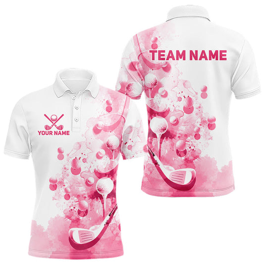 Maxcorners Pink Splatter Golf Ball & Clubs Team Apparel Mens Polo Shirts Custom Golf Shirt For Men