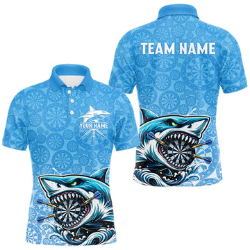 Maxcorners Blue Ferocious Shark Dartboard & Arrow Men Darts Polo Shirt Custom Funny Dart League Shirt