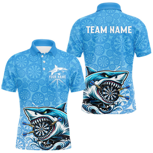 Maxcorners Blue Ferocious Shark Dartboard & Arrow Men Darts Polo Shirt Custom Funny Dart League Shirt