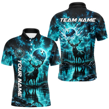 Maxcorners Personalized Deer Moon Bowling Ball Shirt For Men Custom Teal Galaxy Bowling Jersey Team Apparel