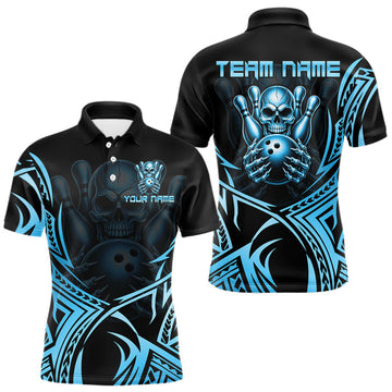 Maxcorners Mens Skull Bowling Shirts Blue Tribal Pattern Custom Skull Bowling Polo Quarter-Zip Team Jersey