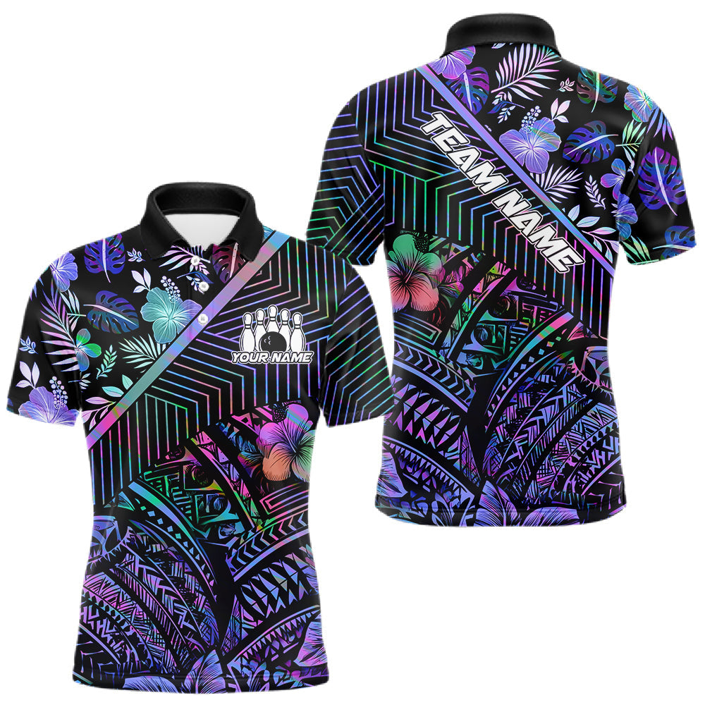Maxcorners Holographic Rainbow Tribal Pattern Bowling Polo, 1/4 Zip Shirts For Men Custom Team Bowling Jersey