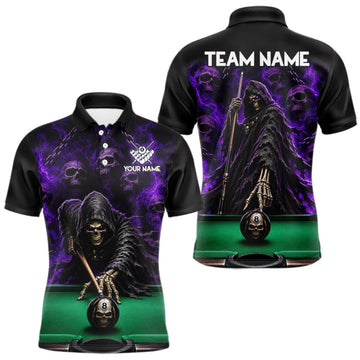 Maxcorners Custom Grim Reaper Pool Billiard Shirt For Men Skull 8 Ball Purple Billiard Polo 1/4-Zip Team Uniform LM2709