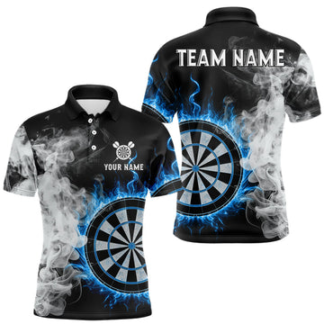 Maxcorners Custom White Smokes Blue Flames Dartboard Dart Men Polo Jerseys Dart Team Shirt LM2603