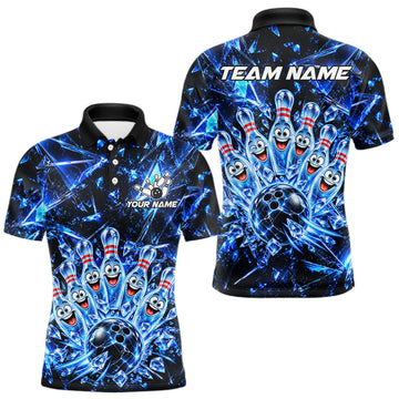 Maxcorners Custom Funny Ice Bowling Pins Polo 1/4-Zip For Men Blue Crystal Bowling Team Apparel Shirts