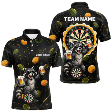 Maxcorners Beer And Raccoon Darts Custom Funny Mens Dart Polo Quarter-Zip Shirt Dart Uniforms Team Jersey LM1406