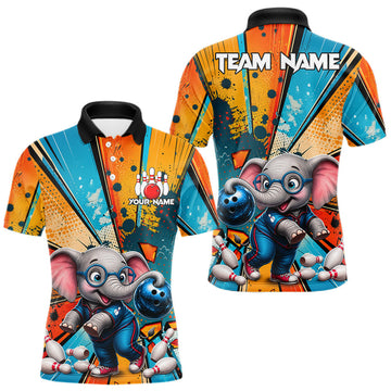 Maxcorners Custom Funny Elephant Cartoon Bowling Team Jerseys, Bowling League Polo & 1/4-Zip Shirt For Men