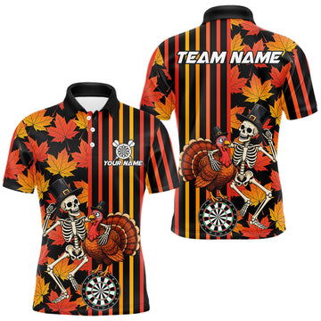 Maxcorners Thanksgiving Darts Team Shirt For Men Custom Skeleton Turkey Dartboard Fall Autumn Leaves Dart Jersey
