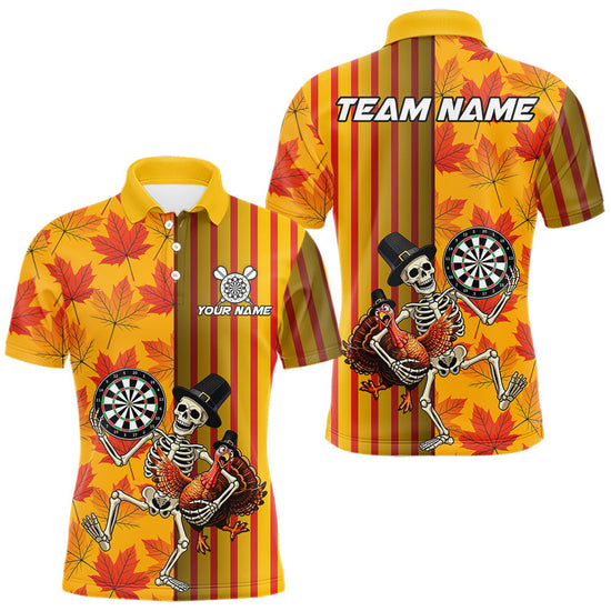 Maxcorners Custom Skeleton Turkey Funny Darts Team Shirt For Men Fall Autumn Leaves Thanksgiving Dart Jersey