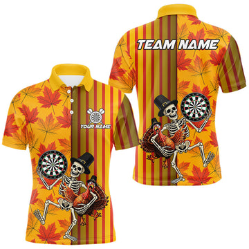 Maxcorners Custom Skeleton Turkey Funny Darts Team Shirt For Men Fall Autumn Leaves Thanksgiving Dart Jersey